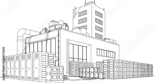 Industrial Data Center Building Sketch Vector Illustration, Server Rack Technology Infrastructure Line Art