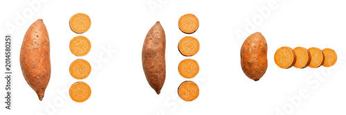 Cuadro en lienzo Raw Sweet Potato and Slices PNG, Isolated Whole Yam and Orange Rounds, Healthy Root Vegetable Cutout, Transparent Background