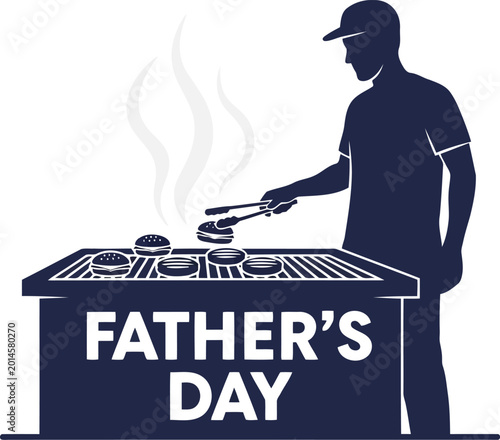 Silhouette of a man cooking burgers on a grill for a happy Father Day celebration with family and friends at home
