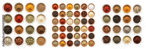 Konstfotografi Culinary Spice Collection PNG Set, Isolated Top View Assorted Herbs and Seasonings in Bowls, Cooking Ingredients, Transparent Background