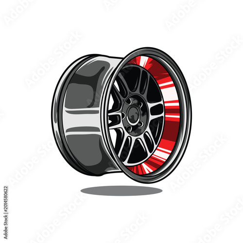 Vector illustration of a sports car rim with red accents on the inside.