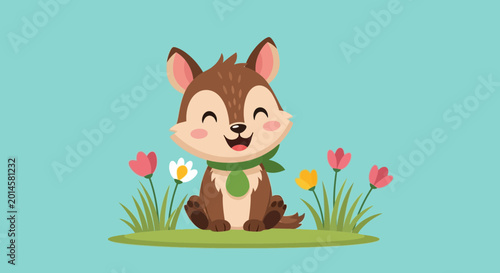 Fotografi Cute Cartoon Brown Squirrel Sitting Outdoors.