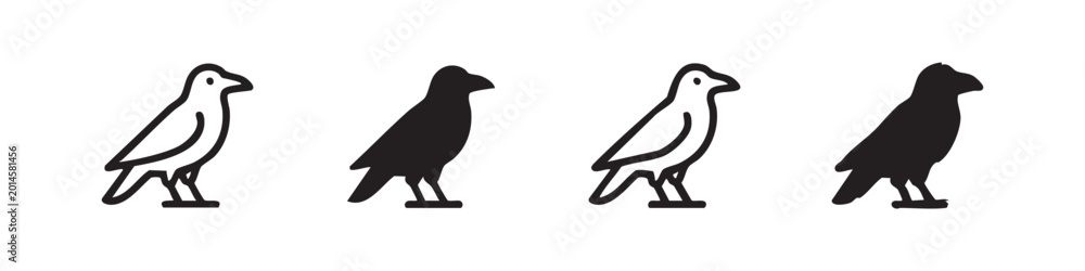 Fototapeta premium Crow or raven icon set, representing birds, wildlife, and symbolism.