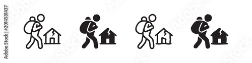 Fotografija Refugee or displaced person with backpack walking from a broken house icon set