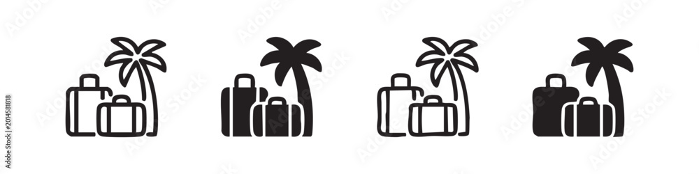 Naklejka premium Travel and vacation line and glyph icons set. Palm tree and luggage for tropical holiday destinations.