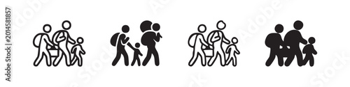 Photos Refugee or migrant family line and glyph icons set