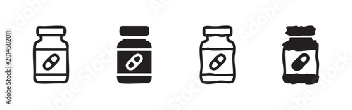 Cuadro en lienzo Set of four pill bottle icons, hand-drawn style, black and white