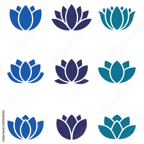 Set of blue and purple lotus flower icons on white background