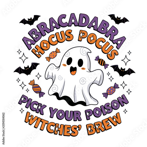 Tableau sur toile Cute Ghost with Halloween Candy and Bats - Abracadabra Hocus Pocus