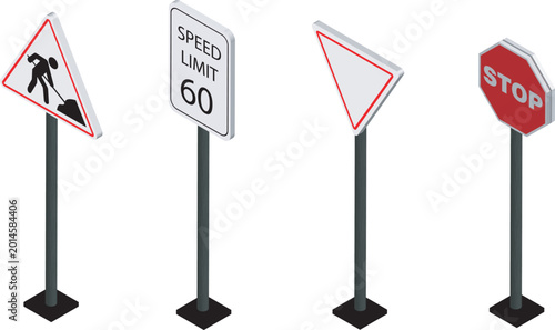 Isometric Vector Sign Road Stop, Speed Limit, and Under Contruction