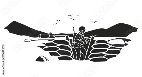 Tableau sur toile Soldier standing watch in a fortified trench during wartime illustrates the harsh realities of military service, defensive strategy, and the vigilance required on the battlefield