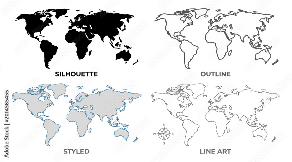 Fototapeta premium Four distinct world map variations displayed as solid silhouette outline styled design and thin line art for various graphic projects