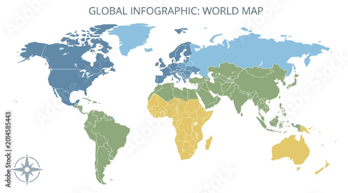 Konstfotografi Detailed world map illustration featuring segmented continental regions displaye
