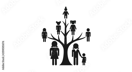 Foto Family tree icon illustrates the generational lineage and ancestral connections of diverse household members in a clean graphic style