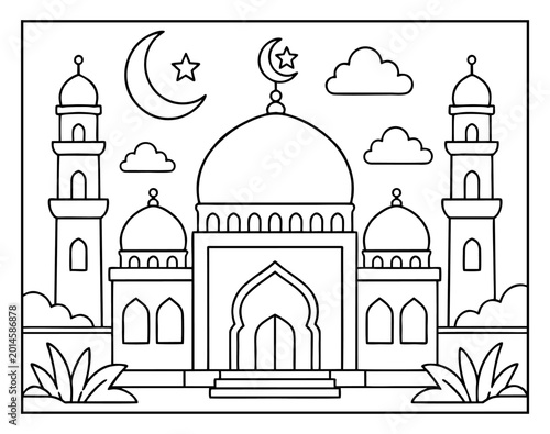 Fotografie Mosque coloring page featuring a traditional building with domes and minarets un