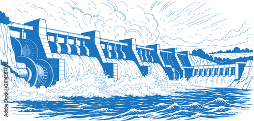 Foto Hydroelectric Dam with Turbines Vector Sketch Illustration, Renewable Energy Pow