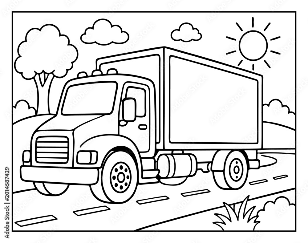 Fototapeta premium Delivery truck driving on a country road illustration for children coloring book featuring sun clouds and simple landscape background