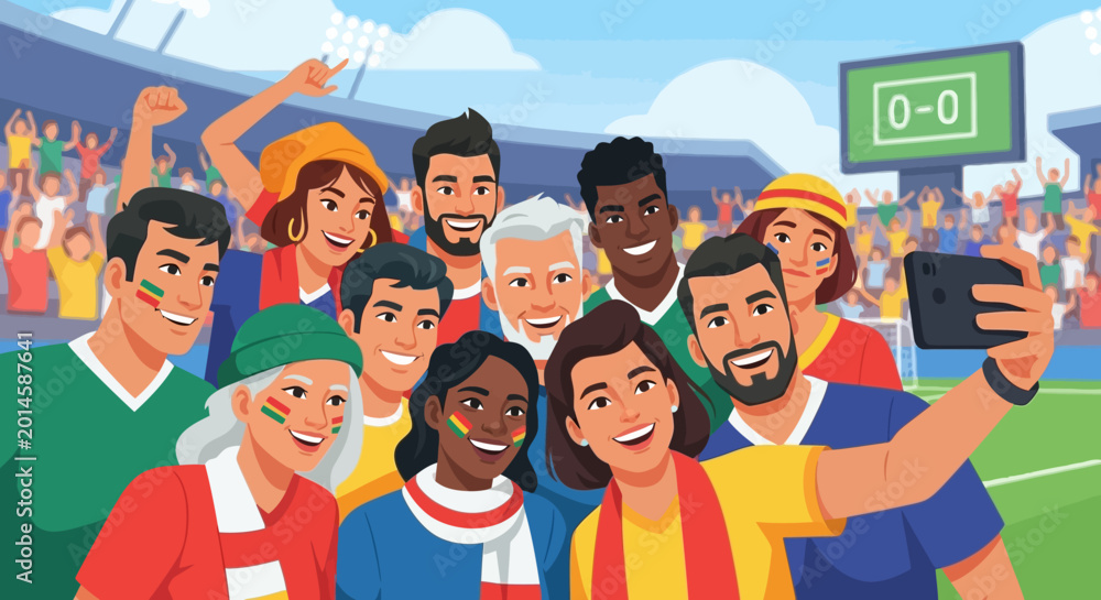 Obraz premium Diverse group of excited fans taking a selfie at a sports stadium during a game, cheering on their team