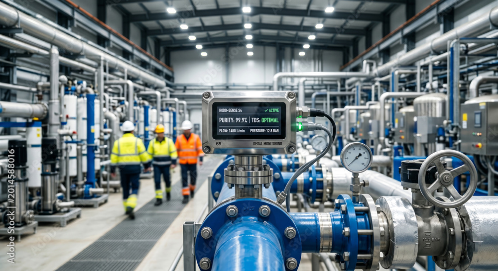 Fototapeta premium Industrial water desalinization system monitoring sensor panel display showing optimal flow and pressure in modern plant.