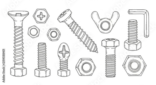Schilderij op canvas Collection of Hand Drawn Fasteners and Hardware Elements.