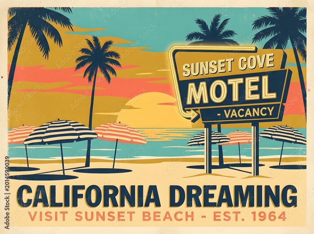 Fototapeta premium Retro California beach motel sign with palm trees and umbrellas