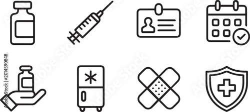 Medical health care icons set including syringe bottle band aid
