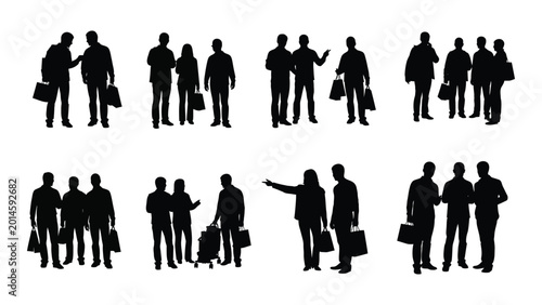 Bild auf Leinwand Collection of business people silhouettes carrying shopping bags isolated on a w