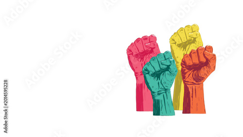 Colorful fists raised in unity and equality illustration