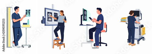 Photos Set of medical professionals in scrubs analyzing X-ray and MRI scans, performing diagnostic imaging tasks in a modern healthcare environment
