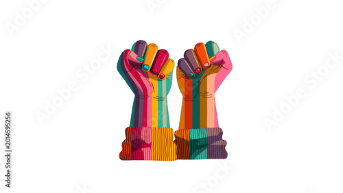 Rainbow colored fists symbolize equality and unity