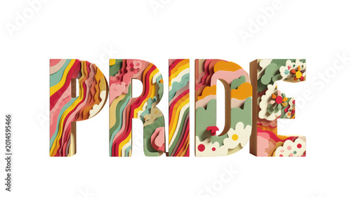 Colorful PRIDE text in layered paper cut style
