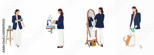 Quadro su tela Illustration set showing a woman using a lint roller on her professional outfit, cleaning it under a tap, and removing pet hair