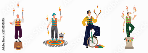 Photography Set of male circus performers juggling fire torches, riding a unicycle, and performing balancing acts in colorful harlequin costumes on a white background