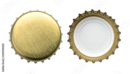 Two bottle caps, one shiny gold top, one white inside