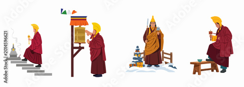 Fotografía Collection of Tibetan Buddhist Monks in Traditional Red Robes and Yellow Hats En