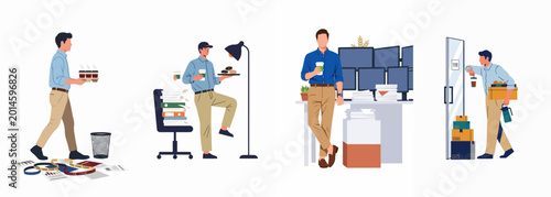 Quadro su tela Set of flat vector illustrations depicting overworked office employees, workaholic businessmen with coffee, heavy paperwork, and multiple computer monitors