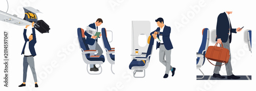 Fotografie Set of vector illustrations showing a businessman's journey on an airplane, including boarding, stowing luggage, waiting, and walking down the aisle