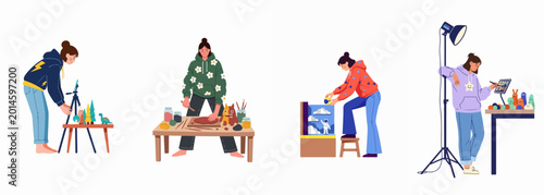 Tablou pe pânză Set of illustrations depicting women engaged in various creative hobbies like sculpting clay figures, building dioramas, and filming stop-motion animation