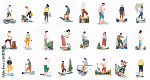 Quadro em tela A collection of diverse people enjoying outdoor activities near water, including hiking, wading, exploring nature, and creative hobbies in a flat vector style