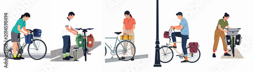 Schilderij op canvas Illustrations of people equipping their bicycles with various bags and panniers for commuting, bike touring, and outdoor adventures