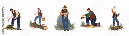 Obraz na płótnie Vector illustration set of men in outdoor workwear gathering firewood, kindling, and birch bark for survival and bushcraft activities in the forest