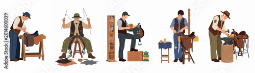Foto Collection of illustrations featuring skilled saddlers and leather craftsmen working on horse saddles with traditional tools in their workshops