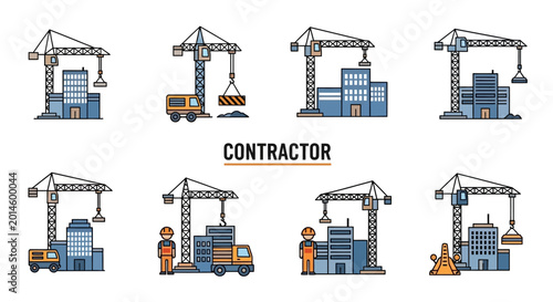 Photos Construction cranes and workers at site.