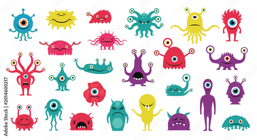 Obraz premium Cute and colorful cartoon monster characters set with various quirky features multiple eyes and friendly faces.