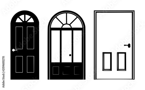 Front door icon set with solid black icon on white background featuring door, symbol, architecture with minimalistic and line art