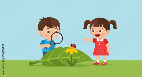 Bild auf Leinwand Children Discovering Ladybug on Leaf with Magnifying Glass