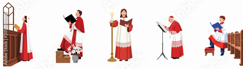 Εκτύπωση καμβά Collection of flat vector illustrations depicting church choir members and altar boys in traditional red and white liturgical vestments during a religious service