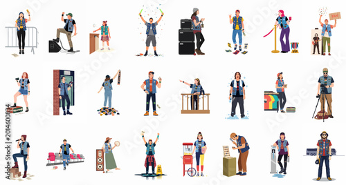 Photos A diverse collection of illustrated music fans and subculture characters in various concert-related scenarios, featuring denim vests, band patches, and accessories