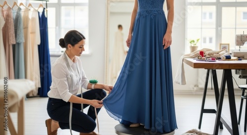 A woman tailor is adjusting a long blue dress on a mannequin in her workshop.