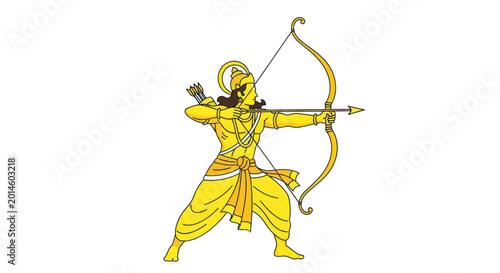 Schilderij op canvas Illustration of Hindu deity Rama aiming a bow and arrow, divine warrior in yello